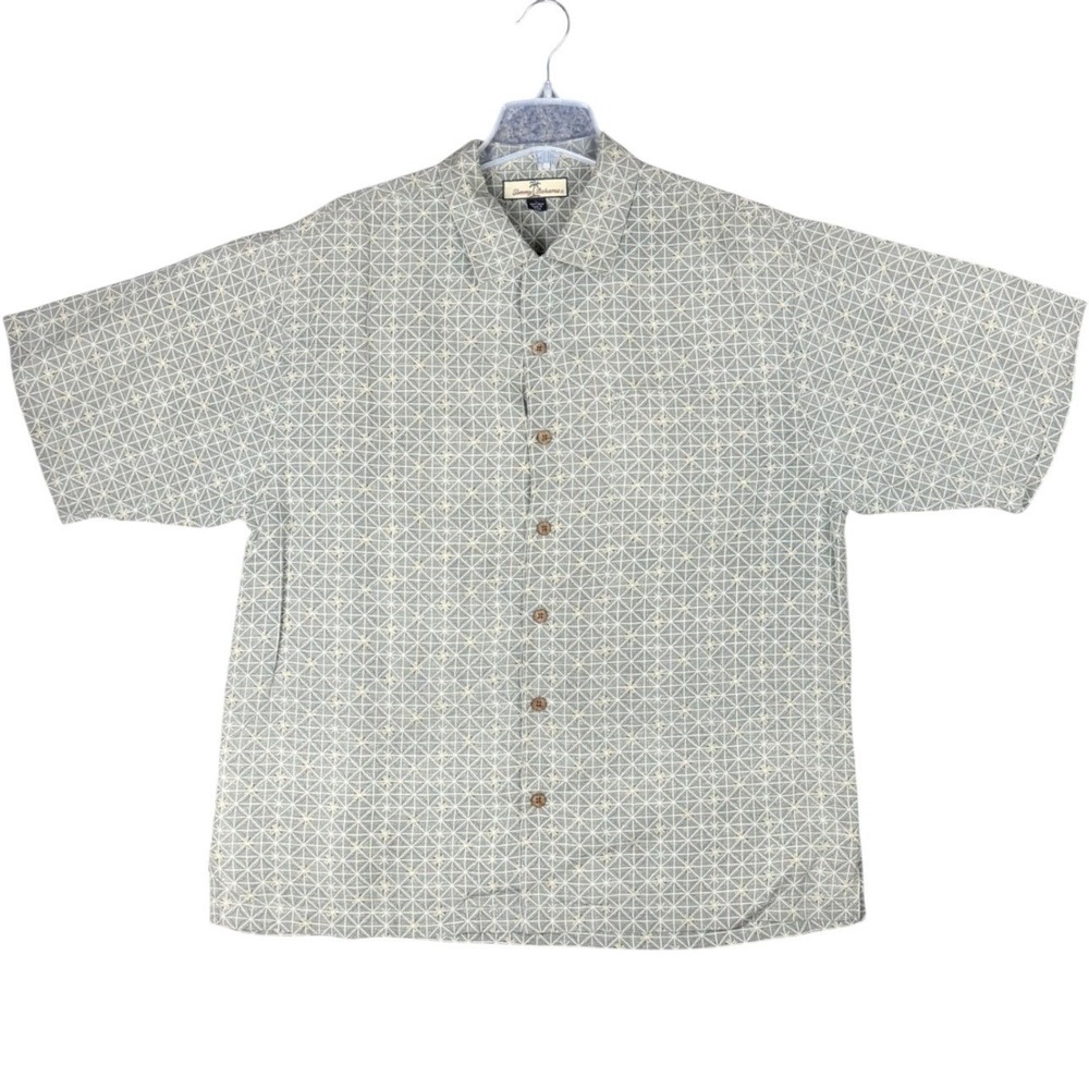 Tommy Bahama Mens Large 100% Silk Green Geometric Shirt Short Sleeve Button Down